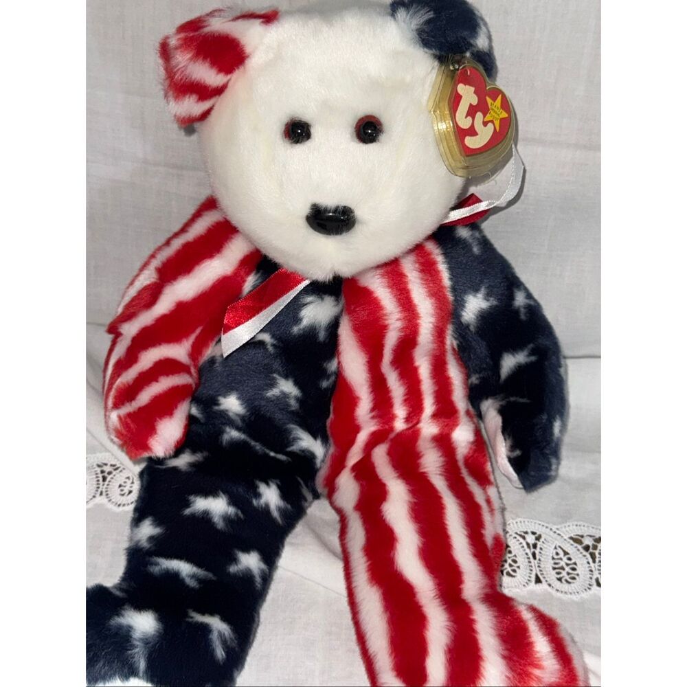 Ty Beanie Buddy Spangle Bear 2001 Stars & Stripes USA Flag 15” Plush MWMT TyLON